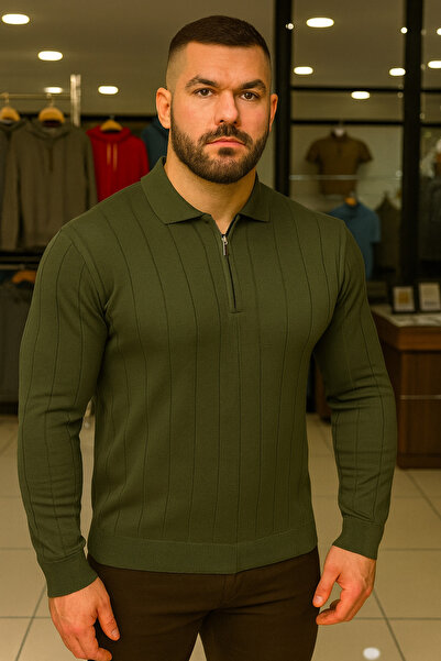 Maccali Men's Winter Plus Size Khaki Zippered Sweatshirt