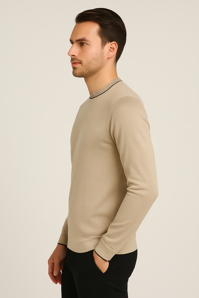 Maccali Ανδρικό μακρυμάνικο πουλόβερ χειμερινό μπεζ βασικό σε λεπτή εφαρμογή
