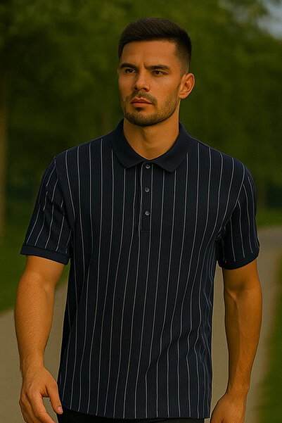 Maccali Tricou polo cu dungi pentru bărbați, alb, bleumarin.