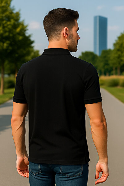 Maccali Men's Striped Cotton Black Polo Neck Basic T-Shirt