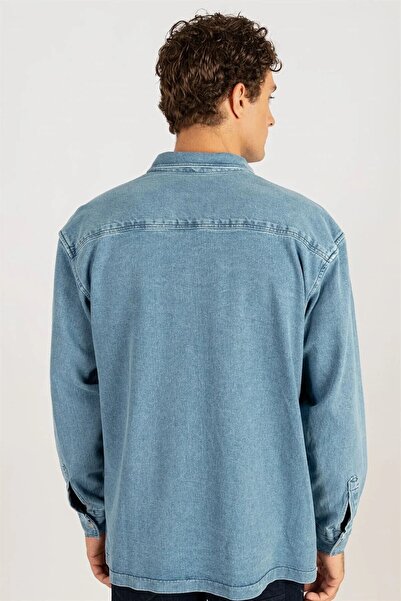 Tudors Unisex Oversize Geniş Kesim Denim Kot Çift Cepli Mavi Overshirt Ceket Tarzı Gömlek