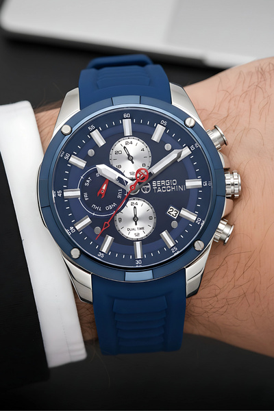 Sergio Tacchini Premium Lüx Erkek Kol Saati Lacivert Silikon Kordon Gümüş Ren...