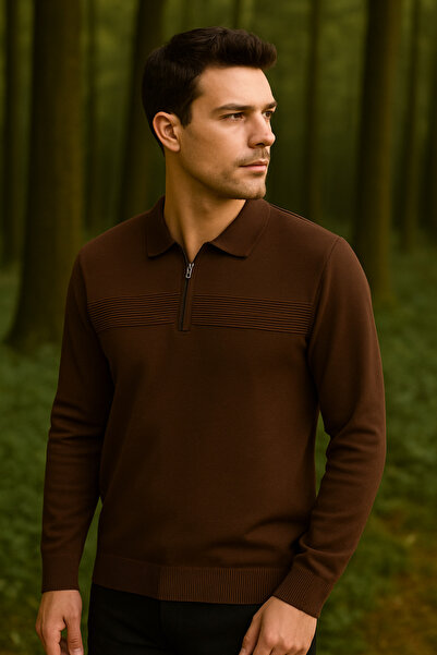 Maccali Мъжки раиран пуловер с цип и поло яка в цвят кафе