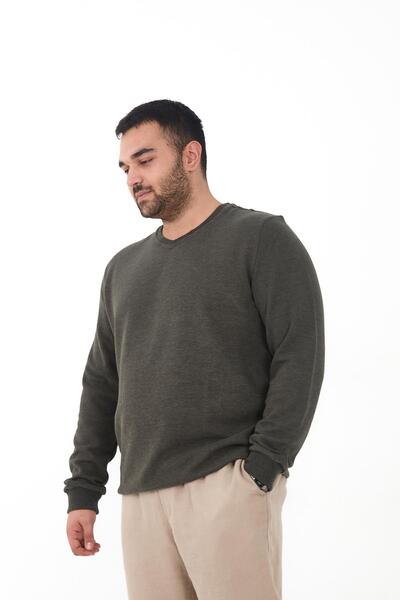 Maccali Men's Large Size V-Neck Oversized Basic Khaki Sweatshirt
