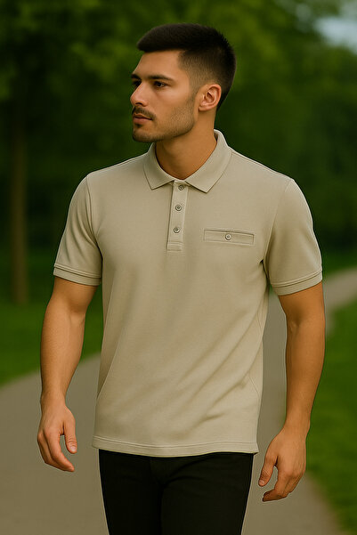 Maccali Men's Basic Long Plain Ecru Polo Neck T-Shirt with Pockets