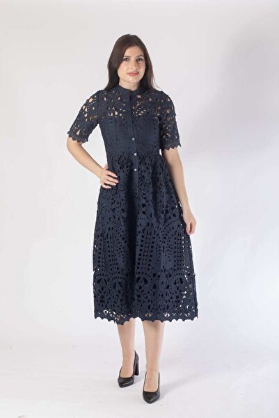 Nichii فستان نسائي متوسط الطول من الدانتيل بأكمام قصيرة