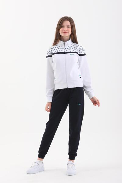 Piyera Girl's White Elastic Leg Zippered Stand Collar Tracksuit Set - 4006