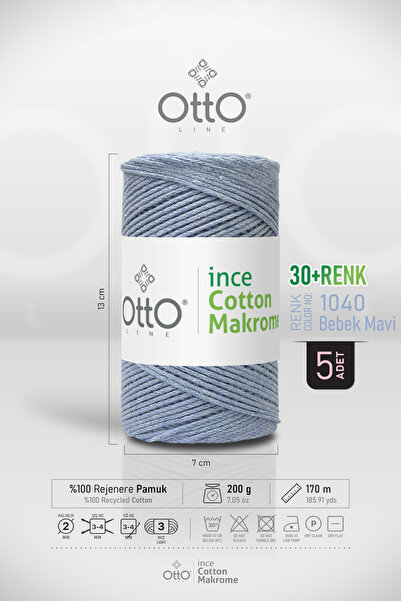 OTTO LİNE İnce Cotton Makrome - Bebek Mavi - 5'li Paket - 2mm/200gr/170m - Pamuk Makrome, Aksesuar ipi