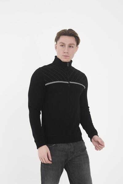 Maccali Men's Urbanedge Striped Zippered Throat Black Sweatshirt