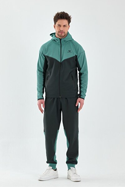 Piyera Erkek Double Face Kapüşonlu Fermuar Kapamalı Cepli Lastikli Paça Petrol Yeşil Eşofman Takımı - 7763