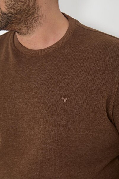 Maccali Ανδρικό χειμερινό Crew Neck Battal Basic καφέ φούτερ