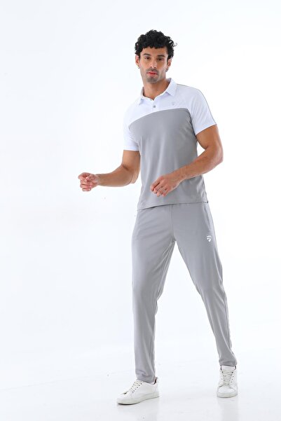 Piyera Men's Combination Gray Mercerized Fabric Polo Neck Shoulder Stripe Short Sleeve T-Shirt, Gray Sweatpants Bottom Top Jewelry