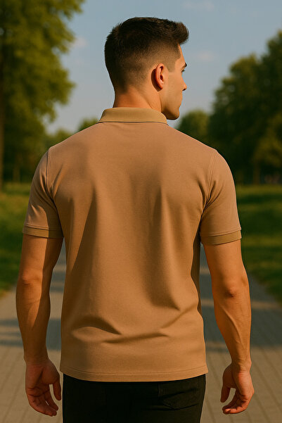 Maccali Men's Short Sleeve Zippered Basic Camel Polo Neck T-Shirt