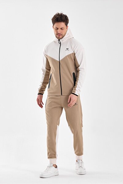 Piyera Men's Double Face Hooded Zipper Closure Pockets Elastic Leg Beige Cream Tracksuit Set - 7763
