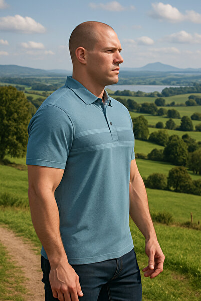 Maccali Men's Patterned Large Size Loose Blue Polo Neck T-Shirt