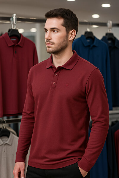 Maccali Ανδρικό μακρυμάνικο μπλουζάκι με γιακά πόλο σε βασικό μπορντό χρώμα