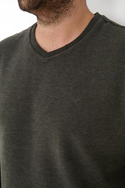 Maccali Ανδρικό φούτερ μεγάλου μεγέθους V-Neck Battal Basic Khaki