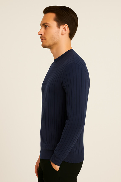 Maccali Чоловічий довгий рукав смугастий темно-синій зимовий трикотажний светр