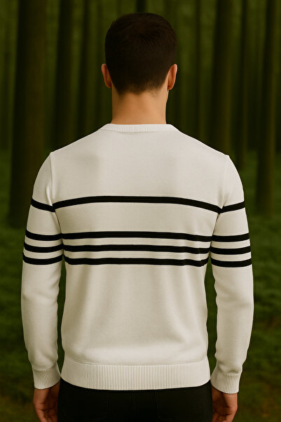 Maccali Ανδρικό ριγέ μακρυμάνικο λευκό πλεκτό χειμωνιάτικο πουλόβερ