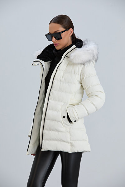 PIQUE Women's Faux Fur Detachable Hooded Puffer Coat Yasmin Ecru