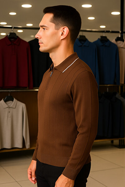 Maccali Мъжка раирана суитшърт с поло яка и цип