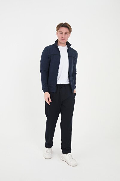 Maccali Ανδρικό φούτερ EchoWave με ριγέ γιακά με φερμουάρ μονόχρωμο μπλε