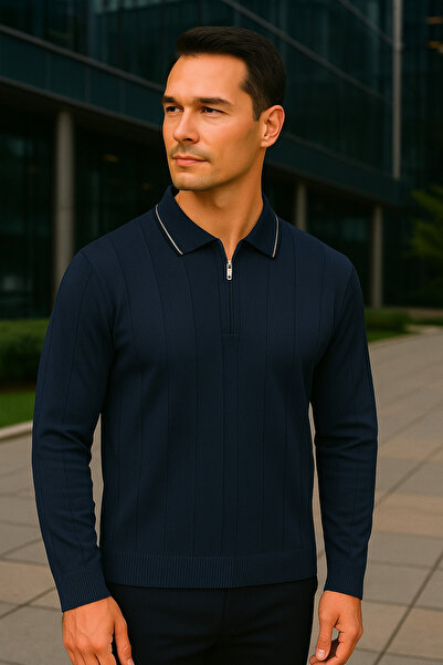 Maccali Чоловічий смугастий темно-синій светр з коміром-поло та застібкою-блискавкою