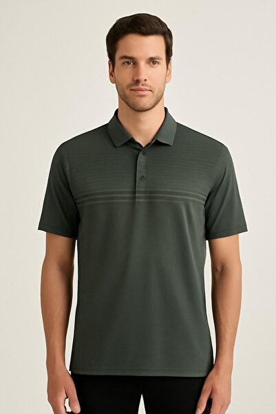 Maccali Men's Short Sleeve Striped Summer Khaki Polo Neck T-Shirt