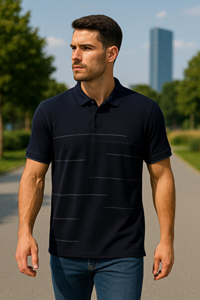 Maccali Erkek Çizgili Pamuklu Lacivert Polo Yaka Basic Tişört