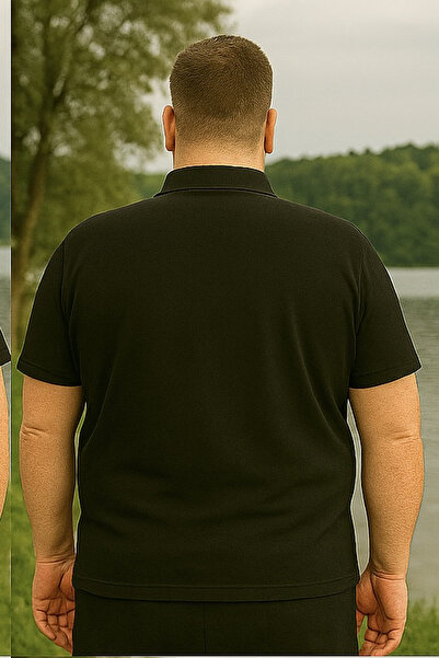 Maccali Men's Large Size Loose Basic Black Polo Neck T-Shirt