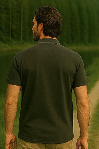 Maccali Men's Large Size Loose Patterned Khaki Polo Neck T-Shirt