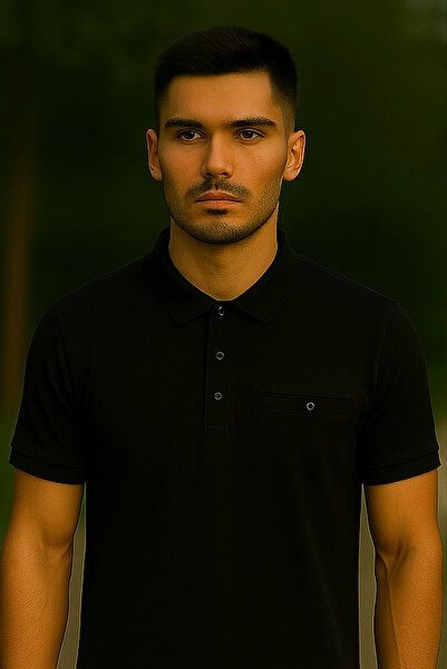 Maccali Men's Basic Long Plain Black Polo Neck T-Shirt with Pockets