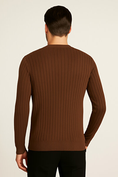 Maccali Мъжки дълъг ръкавен пуловер с райета в цвят кафе
