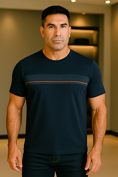 Maccali Men's Patterned Short Sleeve Large Size Loose Navy T-Shirt