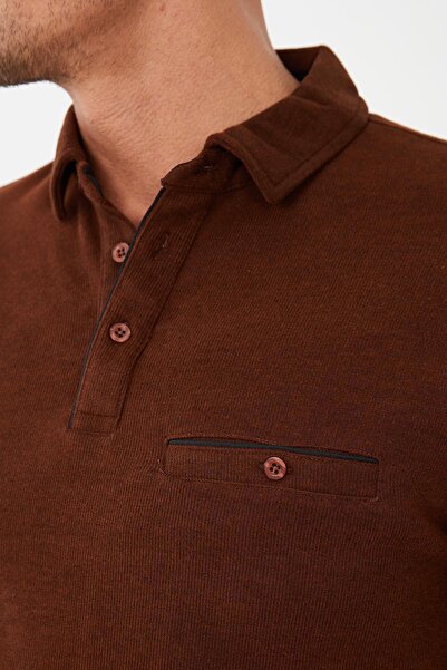 Maccali Ανδρικό μπλουζάκι Timeless Basic μακρύ μονόχρωμο καφέ με γιακά πόλο με τσέπες