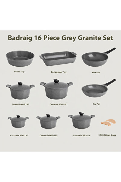 Badraig 16-Piece Granite Cookware Set Saudi Made- Grey