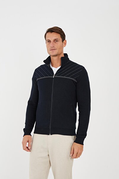 Maccali Чоловічий EchoWave смугастий прямий комір на блискавці, однотонний темно-синій світшот