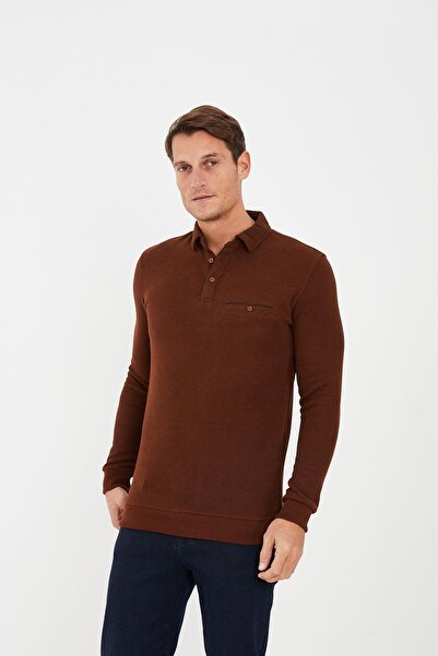 Maccali Ανδρικό μπλουζάκι Timeless Basic μακρύ μονόχρωμο καφέ με γιακά πόλο με τσέπες