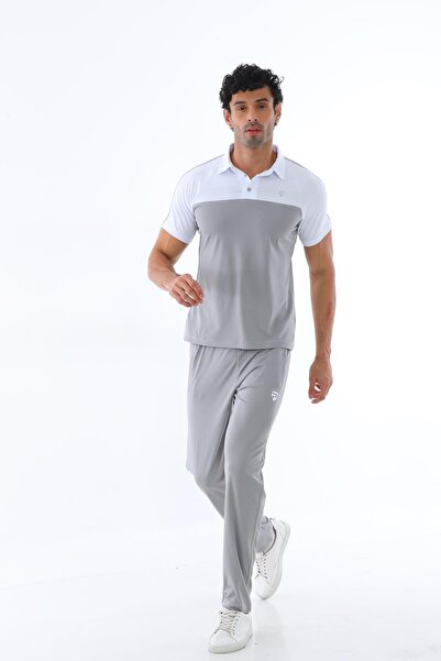 Piyera Men's Combination Gray Mercerized Fabric Polo Neck Shoulder Stripe Short Sleeve T-Shirt, Gray Sweatpants Bottom Top Jewelry