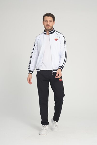 Piyera Men's White Two Thread Fabric Zippered Di Mock Neck Zun Sleeve Ribbed Tracksuit Set - 7662