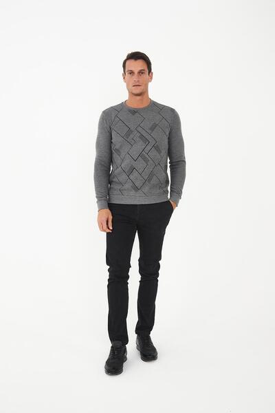 Maccali Men's Geometric Print Basic Winter Long Gray Sweatshirt