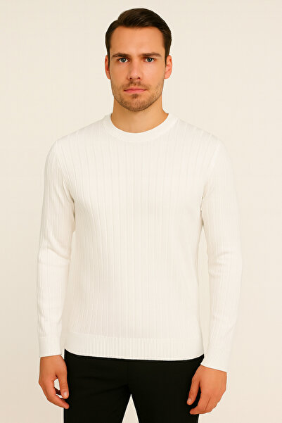 Maccali Ανδρικό μακρυμάνικο ριγέ λευκό χειμωνιάτικο πλεκτό πουλόβερ