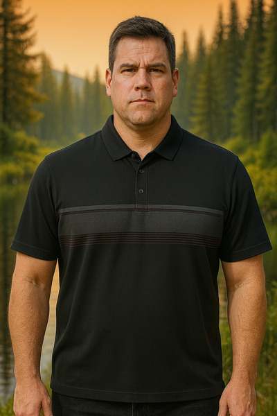 Maccali Ανδρικό μπλουζάκι με μοτίβο μεγάλου μεγέθους, φαρδύ μαύρο γιακά πόλο