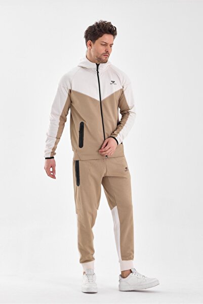 Piyera Men's Double Face Hooded Zipper Closure Pockets Elastic Leg Beige Cream Tracksuit Set - 7763
