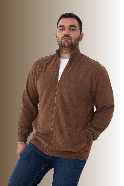Maccali Men's Large Size Zip-Up Cardigan Oversized Brown Sweatshirt