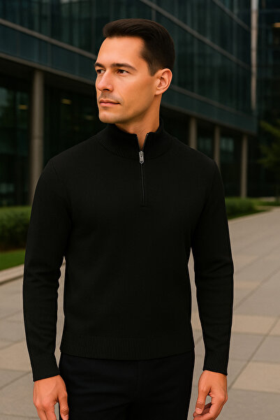 Maccali Чоловічий чорний светр з коміром і застібкою-блискавкою