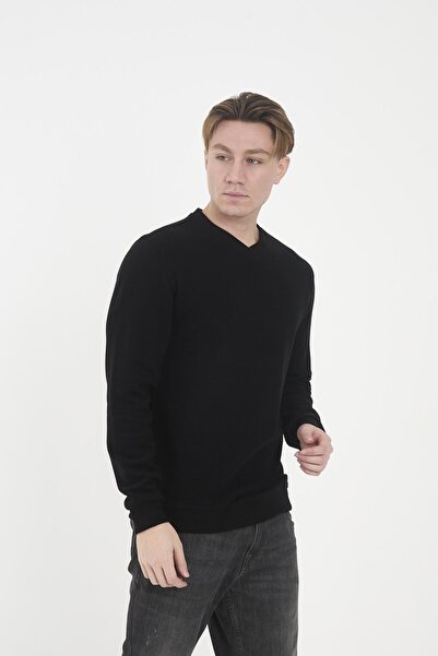 Maccali Ανδρικό μακρύ μαύρο φούτερ RelaxFit Winter V λαιμόκοψη