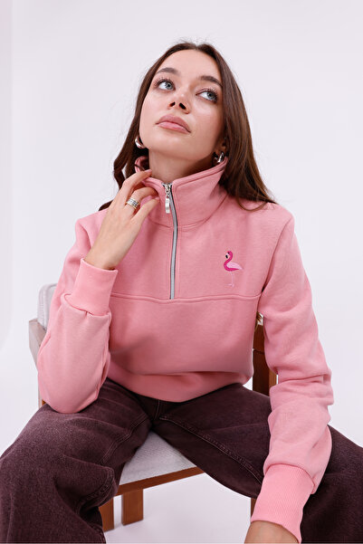 steeprockt Kadın Yarım Fermuarlı Rahat Fit Kesim 3 İplik İçi Polarlı Pamuklu Dik Yaka Pembe Sweatshirt