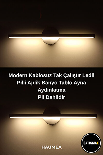 SatışMax Modern Kablosuz Tak Çalıştır Ledli Pilli Aplik Banyo Tablo Ayna Aydınlatma Gri Pil Dahildir