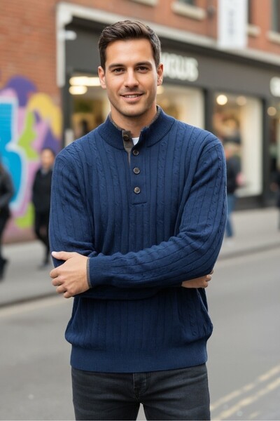 Boris Becker Ayon Lacivert Renk Düğmeli Yaka Saç Örgü Kaşmir Triko